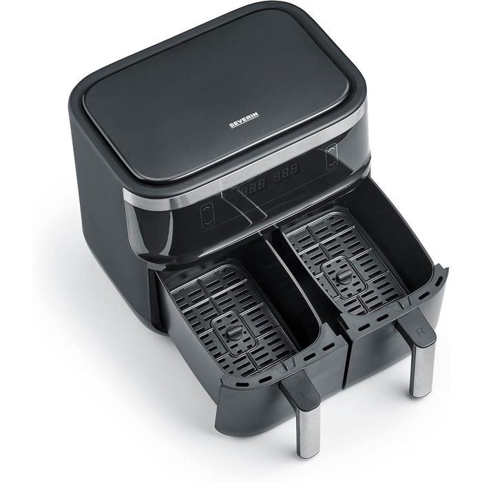 Подвійна фритюрниця SEVERIN з робочим простором 2 x 3.8 л, фритюрниця XXL для здорового приготування, 8 автоматичних програм, фритюрниця без жиру з функцією зневоднення, 2850 Вт, чорний/сріблястий, FR 2453 2 x 3.8 літровий кошик для приготування (паралель