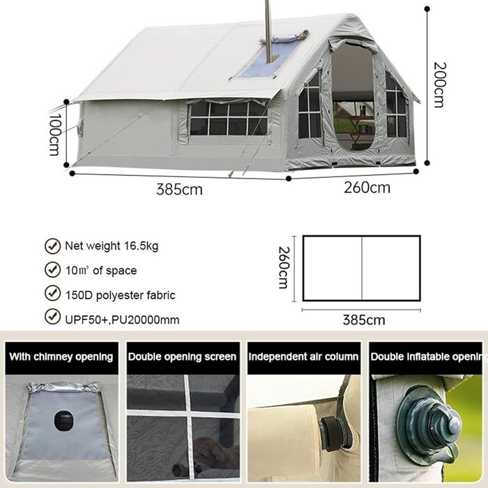 Зимовий надувний намет-будиночок XXL, сімейний намет на 6-8 осіб, надувний кемпінговий намет з насосом, 4-сезонний розкладний намет, великий XXL намет для вулиці з димоходом, сірий, 385x260x200 см