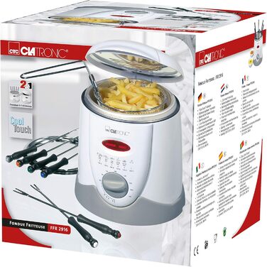 Фритюрниця Clatronic 2в1 з 6 вилок для фондю Фондю для шоколадного фондю і сирного фондю Фритюрниця на 1 літр олії/жиру Панель керування з дисплеєм керування Корпус Cool-Touch 840 Вт ФРС 2916