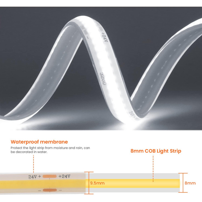 Світлодіодна стрічка Wisada 24 В COB, 320 світлодіодів/м Супер яскрава гнучка світлодіодна стрічка COB Світлодіодна стрічка, водонепроникна світлодіодна підсвічування телевізора IP68 Струнні світильники для освітлення акваріума та шафи (холодний білий, 6 