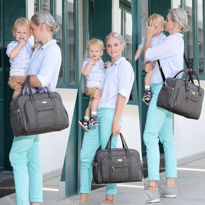 Пеленальна сумка, пеленальна сумка для мами і тата, з пеленальним килимком та ізольованими кишенями темно-сіра