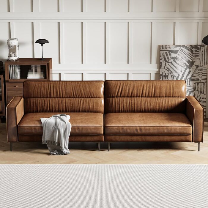 Місний диван під вінтажну шкіру Компактний диван зі штучної шкіри з ґудзиками, металевими ніжками та прямими підлокітниками, коричневий Ретро-диван для вітальні, офісу або невеликої квартири (гладка версія) 220 см гладка версія, 3-