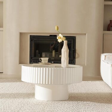 Круглий журнальний столик, круглий стіл для вітальні з ребристим дизайном, журнальний столик у формі гриба розміром 7038 см, журнальний столик з білої сосни для вітальні, спальні та балкону (білий)