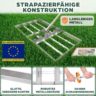 Зручний металевий рівняльник для газону (75x35 см) від Fairmo для насиченого зеленого газону - рівняльник для газону з ручкою 2 метри - інструмент для догляду за газоном з вирівнюючими зубцями - широкий граблі для піскування газону