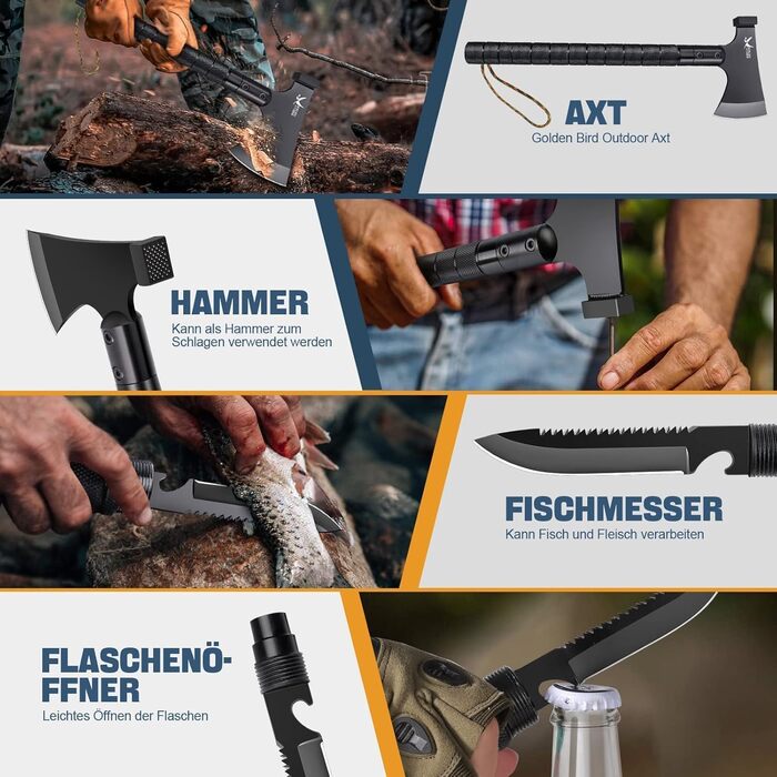 Золотий Птах Axt Survival 9-в-1 Набір для виживання та кемпінгу, гострий туристичний сокира-мультитул з молотком, піхвами, свистком та компасом (41 см)