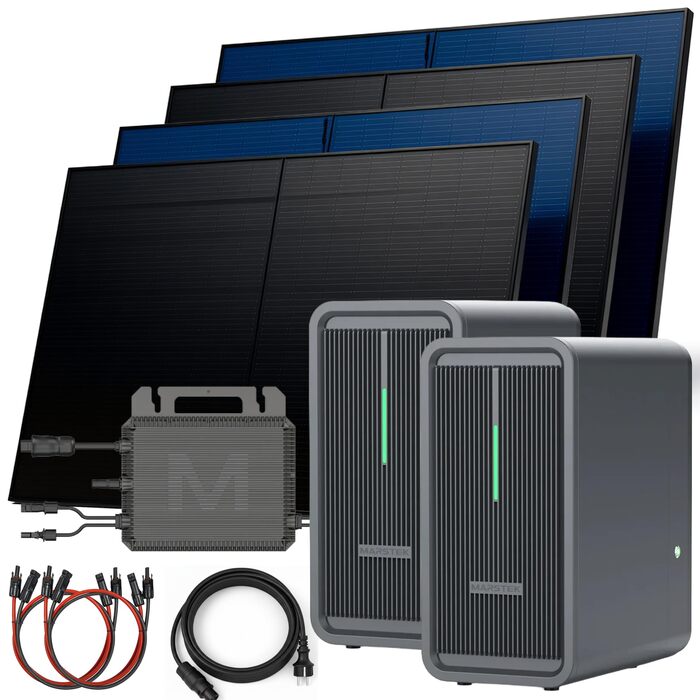 Балконна електростанція SUNNIVA 2000 Вт з накопичувачем 4,48 кВтгод MARSTEK 2 шт. B2500-D, двофазний розетка FULLBLACK, комплект фотоелектричної сонячної системи з накопичувачем сонячної енергії, 4 двосторонніх модулі скло-скляні N-типу по 500 Вт 2000/800