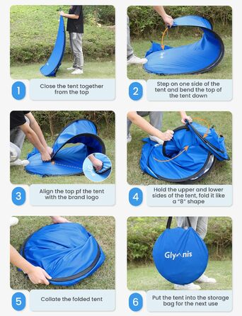 Пляжний намет Glymnis Pop-Up Beach Shelter, пляжний намет із дверима на блискавці, захист від ультрафіолету 50, вітрозахисний, малий розмір у упаковці, синій, пляжний намет XL/3-4 особи