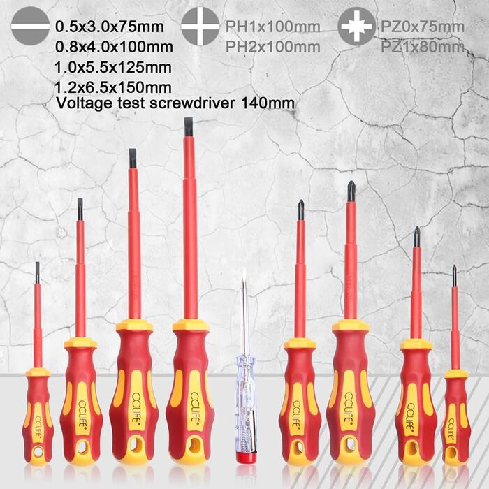 Набір ізольованих викруток вкл. шліцьовий тестер напруги та набір PH і PZ Набір ізольованих викруток, 9 шт., 9 шт., VDE