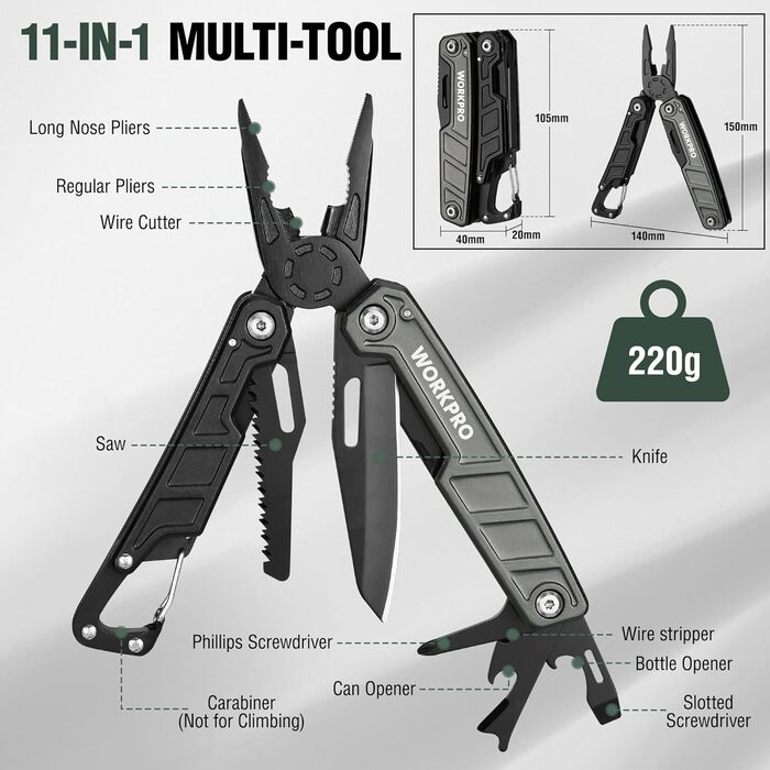 Багатофункціональні плоскогубці WORKPRO 11 в 1 складаний багатофункціональний інструмент з нержавіючої сталі з карабіном гострогуб