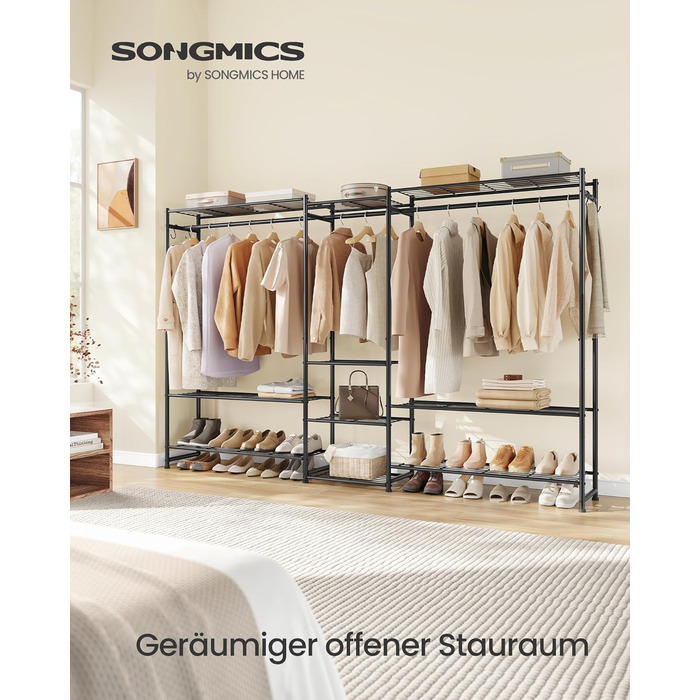 Вішалка для одягу SONGMICS, Відкрита шафа, Вішалка для пальто з 10 полицями, 3 вішалки для одягу, 4 S-подібних гачки, Металевий каркас, для спальні, вітальні, вхідної зони, Чорний LGR011BZ01 206.4W см