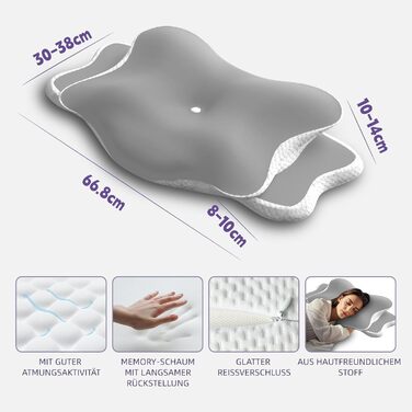 Подушка для шиї MEINZII&39S, ергономічна подушка, ортопедична подушка для сну на боці, спині та животі (сріблясто-сіра)