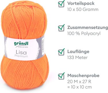 Пряжа Grndl Lisa Premium Uni Knitting & Chet Yarn (м'яка і схожа на шерсть, пряжа для в'язання, що легко миється, з 100 поліакрилу, 50 г/ 133 м, розмір голки 3,5 - 4,5, 10 клубків по 50 г кожен), (неоновий помаранчевий)