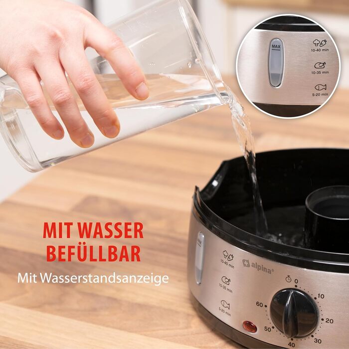 Електрична пароварка alpina 800 Вт - 3-шарова пароварка Baby BPA Free - Рисоварка, яку можна мити в посудомийній машині - Готова до використання від 0 до 60 хвилин - Ємність 9 літрів - Пластик/RVS - Сірий