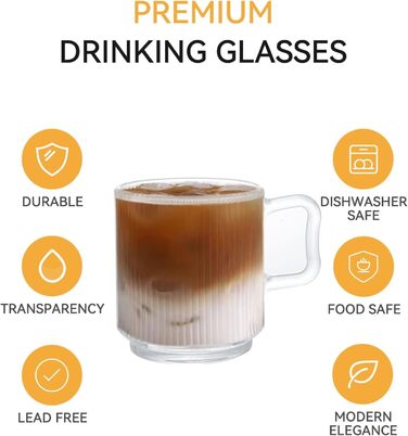 ПРОЕКТУВАННЯ Д.М MASTER4 шт., 350 мл - скляні кавові чашки преміум-класу з кришкою та ложкою, класична чашка для кави з вертикальн