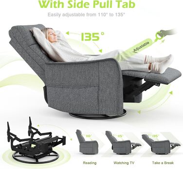 Крісло для телевізора/масажне крісло з функцією відкидання, крісло для релаксації з підігрівом та масажем, крісло для телевізора з поворотом на 360 для вітальні, крісло-гойдалка з м&39яким підголівником, 2 бічні кишені, сірий