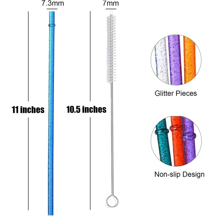Багаторазові прозорі пластикові соломинки ALINK 12 Pack Glitter, тверді трубки-тумблери довжиною 27,9 см зі щіткою для чищення (12