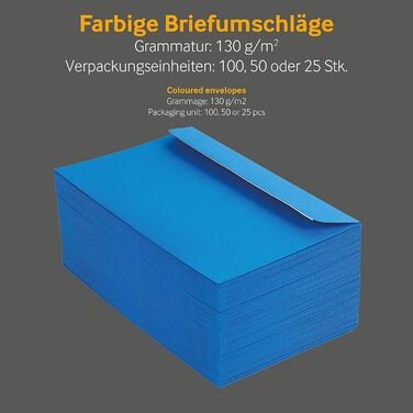 Кольорові конверти, DIN C6/5, Чутливий до тиску клей зі смужками, що відклеюються, Прямий клапан, 130 г/кв.м Colorista, З вікном, Жовтий, Порожні конверти (DIN C6, Royal Blue-25), 100 шт.