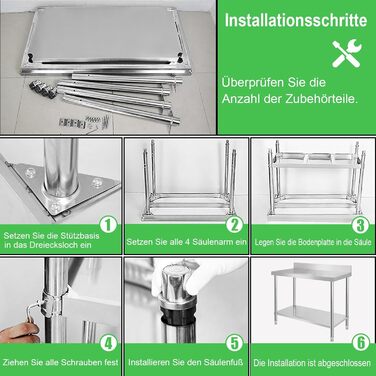 Робочий стіл з нержавіючої сталі UISEBRT з підніжкою, Кухонний стіл з нержавіючої сталі з регульованими ніжками, Кухонний стіл/розбірний стіл з дуже великою нижньою полицею, 150 x 50 x 85 см, з підніжкою