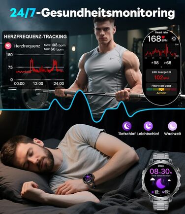 Розумний годинник LIGE Military для чоловіків - 1000 мАг/1,85 дюйма HD великий сенсорний екран/світлодіодна підсвітка, фітнес-годинник з більш ніж 110 спортивними режимами, відстеження серцевого ритму/сну, 2 браслети, водонепроникність IP68, спортивний го