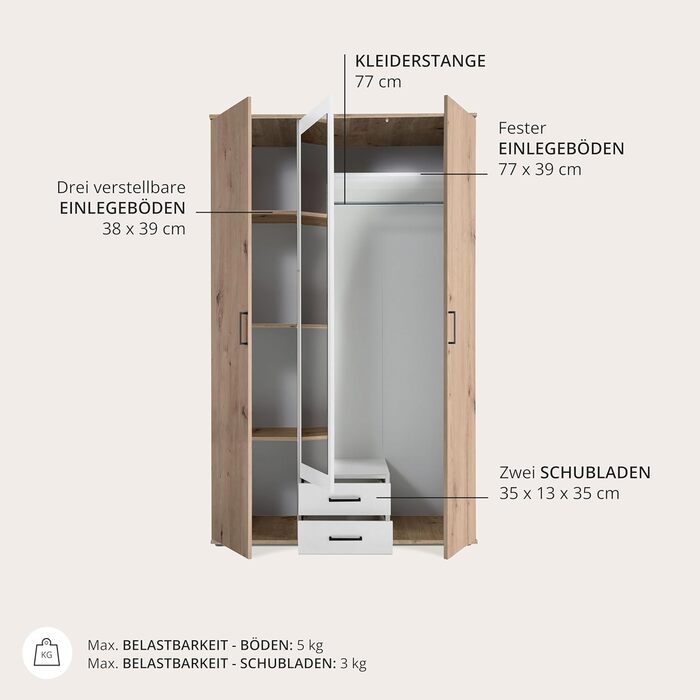 Елегантна шафа Chicago з великим простором для зберігання - Універсальна шафа з розсувними дверима в обробці з дуба Artisan з білими акцентами - 120 x 197 x 54 см (Ш/В/Г) 120 x 197 x 54 см Дуб Artisan / Білий