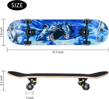 Повний скейтборд Blau-Shark 78.7 x 20.3 см - 8-шарова дека з клена, ABEC-11 підшипники, блискучі PU колеса, для дітей, підлітків та дорослих, блакитний акула дизайн