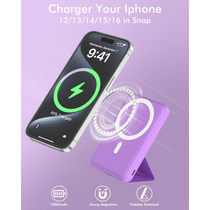 Для Magsafe powerbank, Powerbank 10000mah Foldable Magnetic Power Bank PD 22.5W Fast Charging with LED Display Compatible with Mag-Safe for iPhone 16/15/14/13/12 Pro Max/Pro/Plus-Purple