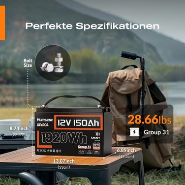 Акумулятор Humsienk 12V 150Ah LiFePO4 з Bluetooth, 110A BMS 1920Wh глибокого циклу літієвої батареї, захист від низьких температур, ідеально підходить для автофургонів, тролінгових моторів, яхт, човнів 12V 150AH-Bluetooth