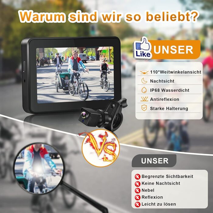 Камера заднього виду для велосипедів, дзеркало заднього виду для велосипеда з кутом огляду 110 та 4,3-дюймовим AHD-монітором, поворотне кріплення на 360 з нічним баченням для гірських велосипедів, електровелосипедів, керма, шосейних велосипедів