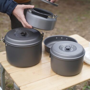 Набір посуду для кемпінгу Bulin, алюмінієві кемпінгові горщики, легкий набір для приготування їжі з складними столовими приборами та чайником, кемпінговий посуд для 1-2-4-6 осіб, ідеально підходить для кемпінгу, активного відпочинку на свіжому повітрі, пі