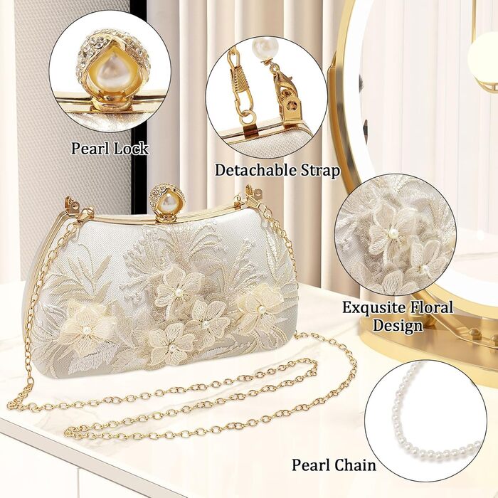 Жіноча сумочка з перлами та квітковою мереживною вишивкою, сатин, елегантна ручна сумочка з верхньою ручкою, зі знімним ланцюжком, для весілля, дівич-вечора, випускного, білого кольору