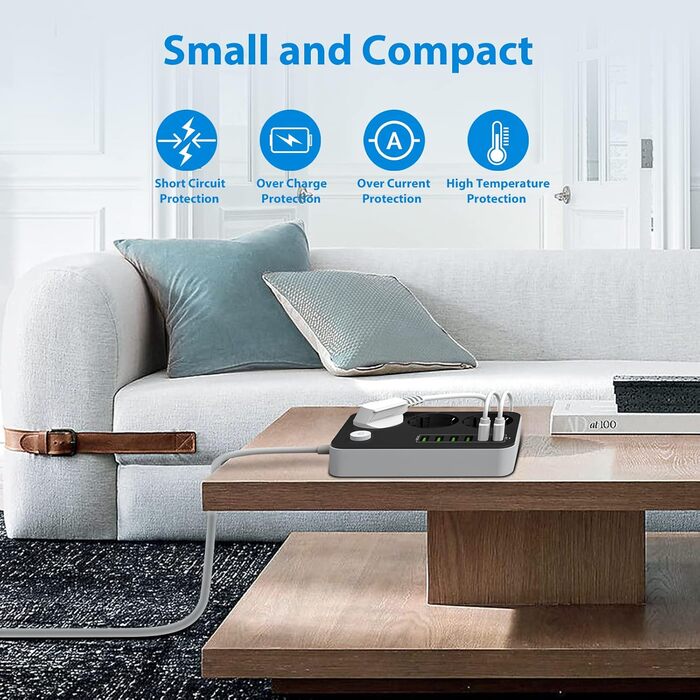 Адаптер розетки з декількома розетками на смужці 3 відділення перемикається з 6 USB (5V / 3.4 A, 17W), перемикається з декількома