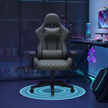 Ігрове крісло з регульованою висотою та нахилом, Ігрове крісло зі світлодіодним освітленням, вантажопідйомність 150 кг, Ергономічне офісне крісло з підголівником та поперековою опорою, Сірий, ПУ