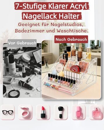 Органайзер для лаків для нігтів з 2 акрилових щіток із 7 рівнями, зберігання лаків для нігтів на 168 флаконів, прозора підставка для макіяжу, полиця для зберігання помади/ефірних олій та засобів для укладання