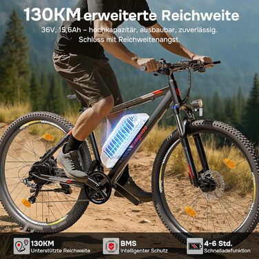 Дюймів, для чоловіків та жінок, з гідравлічними дисковими гальмами, акумулятор 36 В 15,6 Аг, запас ходу до 130 км, позашляховий електровелосипед, 21 передача, електровелосипед із застосунком, Mopride 2, 27,5/29