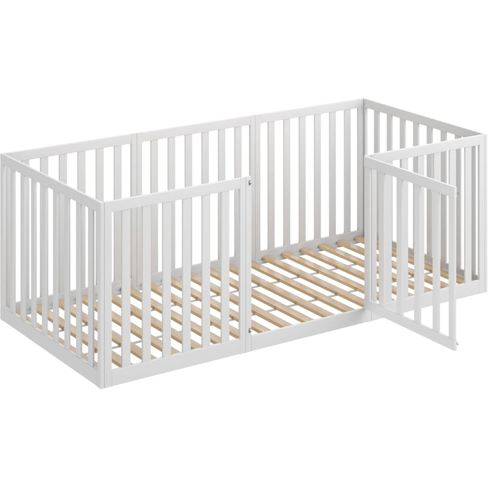 Дитяче ліжко CADANI Teso 90x200 см Ліжко-ліжко Монтессорі з дверцятами та захистом від падіння, 6 варіантів складання, масив сосни білого кольору, можна використовувати як манеж, вкл. рейкову основу 90 x 200 см білого кольору з дверцятами