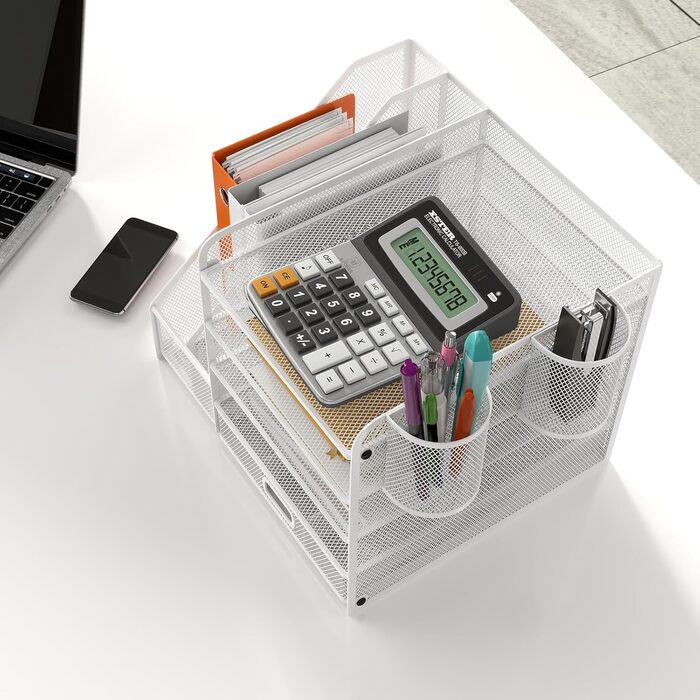 Рівневий сітчастий органайзер для столу з шухлядою, лотками для файлів та тримачами для ручок - рішення для зберігання офісного та художнього приладдя для паперу для малювання, сортувальника олівців, тримача для журналів (білий), 5-