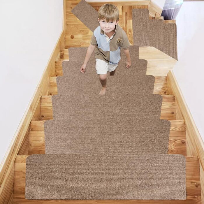 Самоклеючі килимки для сходів, Захисний килимок для сходів, Килимок для сходів для приміщень (прямокутний), Коричневий, 25 x 65 см (прямокутний), 15 шт.