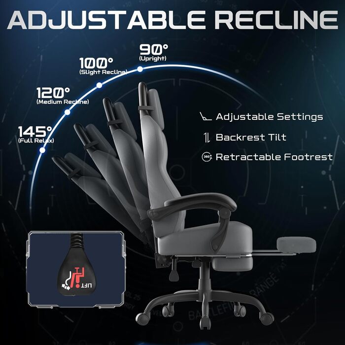 Ергономічне ігрове крісло Verdego з функцією масажу, підголівником та підставкою для ніг, штучна шкіра, регульована спинка 90-145, регульована висота 10 см, ігрове крісло, сіро-чорна штучна шкіра