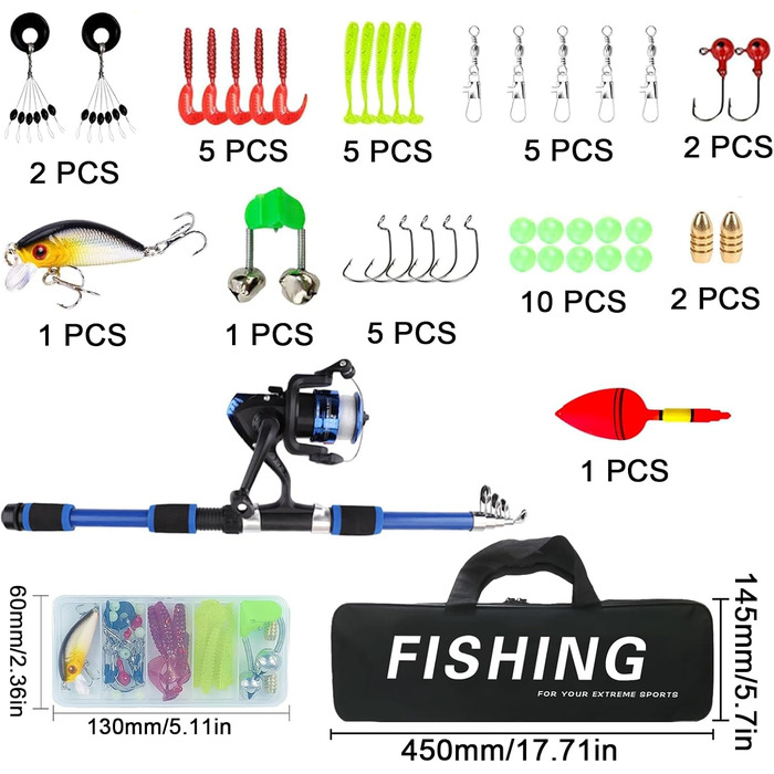 Рибальський набір для дітей, дитячий стартовий набір для риболовлі 1,8 м, набір вудок для дітей з рибальською котушкою та набором приманок, телескопічні вудки та котушка з вуглецевого волокна, рибальські аксесуари для дітей віком 3-10 років, синій