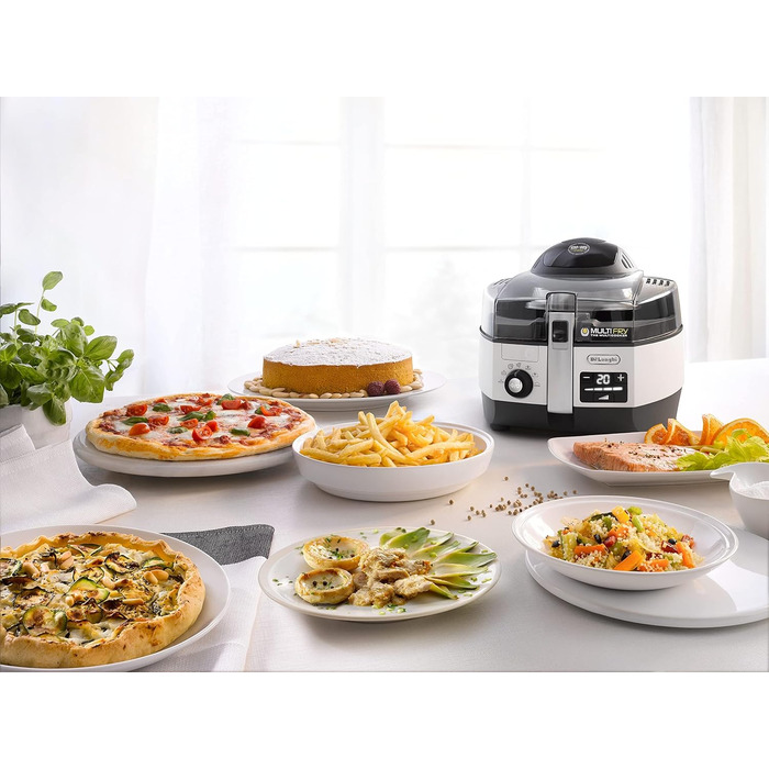 Аерофритюрниця De'Longhi MultiFry Extra Chef Plus FH1396, мультиварка місткістю 1,7 кг, 8 програм приготування, система конвекції з 2 нагрівальними елементами, функція гриля, додаток Recipe, 2300 Вт, білий 8 програм