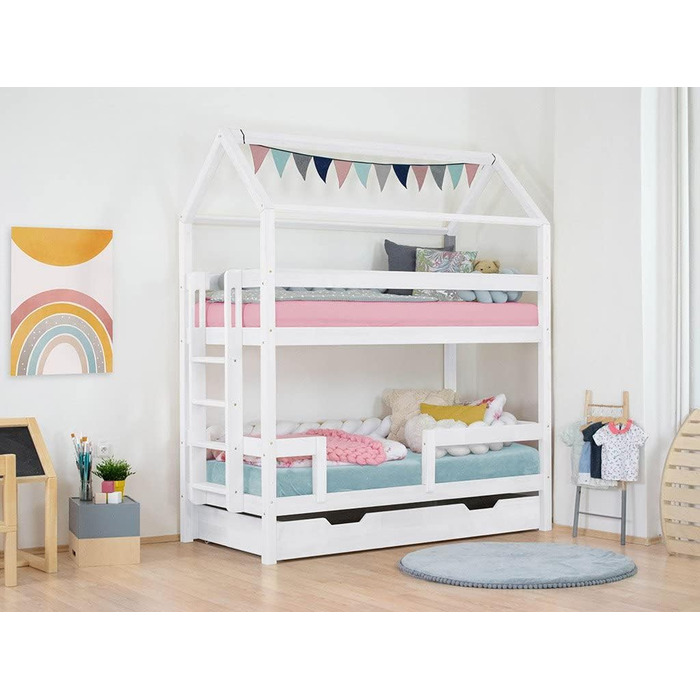 Набір Будиночок двоярусне ліжко Monty 90x200 см з дерев'яною шухлядою Buddy 90x180 см Біле ліжко будиночок з решіткою і повною осн