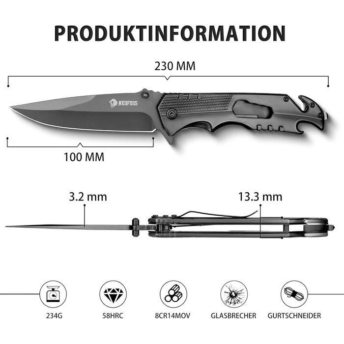 Кишеньковий ніж NedFoss FA48, рятувальний ніж з ремінним різаком та склорізом, складаний ніж з затискачем для ременя, одноручний н