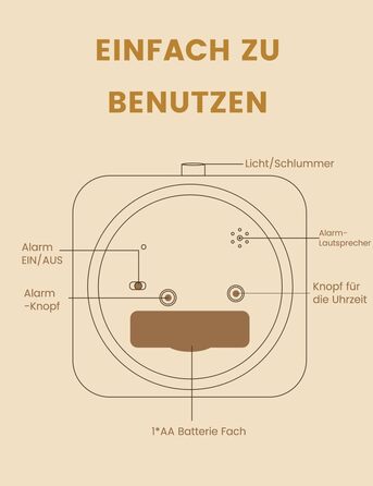 ВищеГодинник будильник аналоговий без цокання, будильник дерев'яний з дрімотою, тумбочка настільний годинник з нічником, ретро-будильник аналоговий на батарейках (потрібна батарея 1*AA) - натуральне дерево світло-коричневого кольору (квадрат, світло-корич