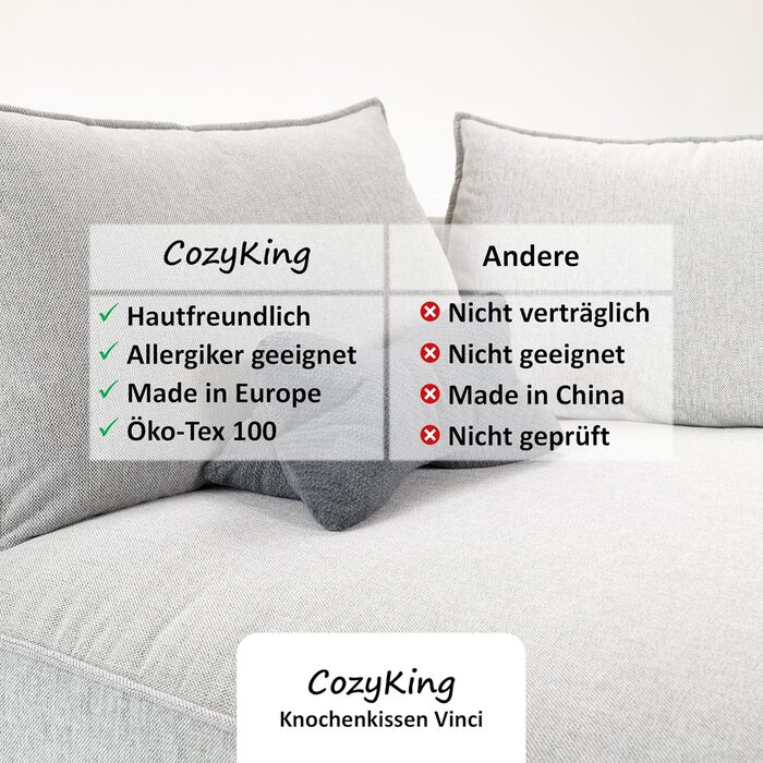Подушка для шиї CozyKing Vinci сірого кольору з кістки для читання, подушка з кістки, валик для шиї, подушка для читання, сертифікована ko-Tex 100 та придатна для прання при 40C - подушка для шиї, колін або живота для читання або відпочинку - 38x19x19 см