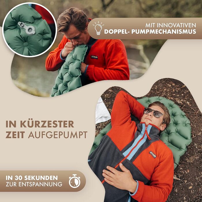Надувний килимок NATURBUMMLER Ultralight 590 г для кемпінгу (195x56 см) водонепроникний та складаний для трекінгу, піших прогулянок, фестивалів, подорожей, натурально-зелений
