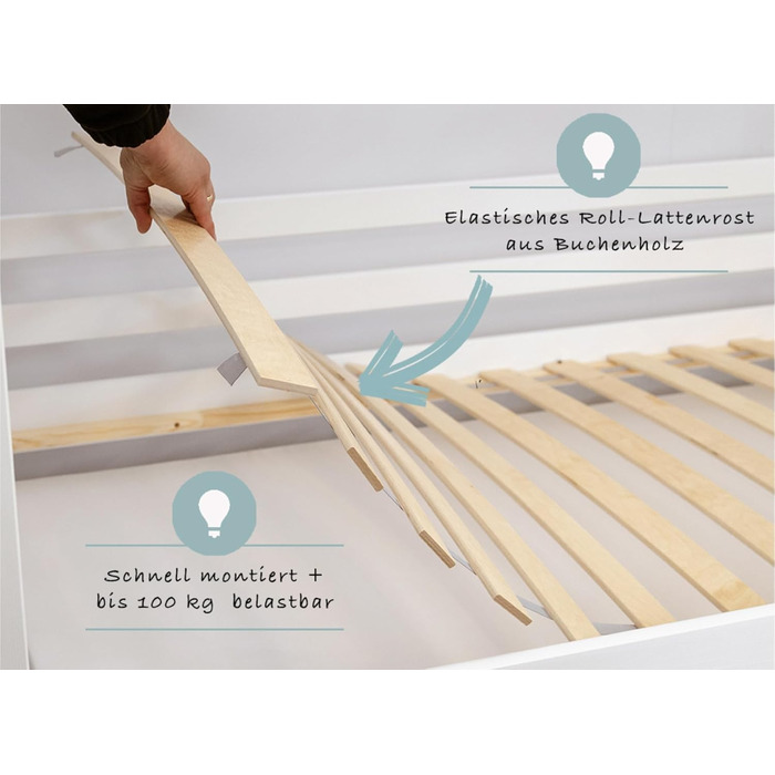 Дитяче ліжко Kids Collective, підлогове ліжко 120x200 см із захистом від падіння та рейковою основою, ліжко Монтессорі, дитяче ліжечко, юнацьке ліжко, односпальне ліжко (опція) з матрацом Біле 120x200 см без матраца, Біле