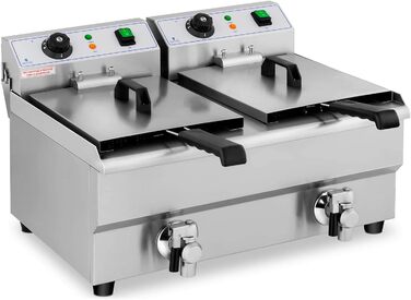 Подвійна фритюрниця з нержавіючої сталі Royal Catering RCEF 10DB (2 x 3,000 Вт, ємність 2 x 10 л, діапазон температур 50-200 C, холодна зона, зі зливними кранами)