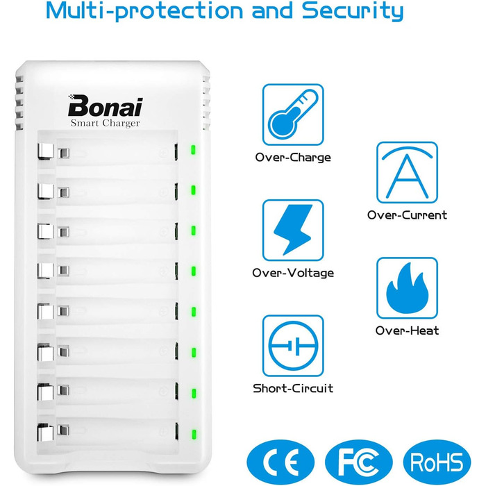 Зарядний пристрій BONAI для акумуляторів AA AAA NI-MH NI-Cd зі світлодіодним дисплеєм, швидкий зарядний пристрій UAB з батарейками AAA 1100mAh, 8 шт., зарядний пристрій 8AAA