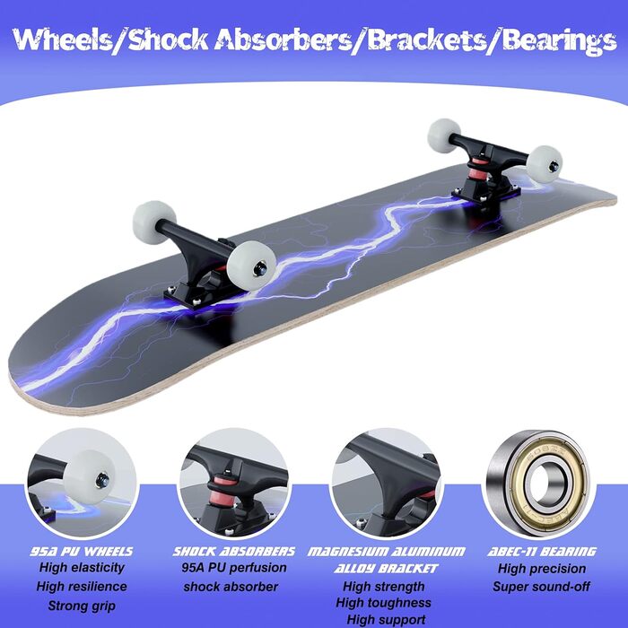 Скейтборд Blitz, 31 x 8 дюймів, 8-шарова кленова дека, симетрично скошена з обох кінців, підходить для хлопчиків, дівчаток, підлітків, вуличних скейтбордистів, дорослих, початківців, надзвичайно широкий, синій