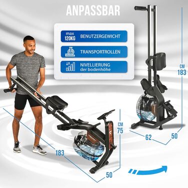 Гребний тренажер Christopeit для домашнього використання водний гребний тренажер WP 2000 або Garda алюмінієва рейка Bluetooth до 120 кг Garda, включаючи захисний килимок для підлоги